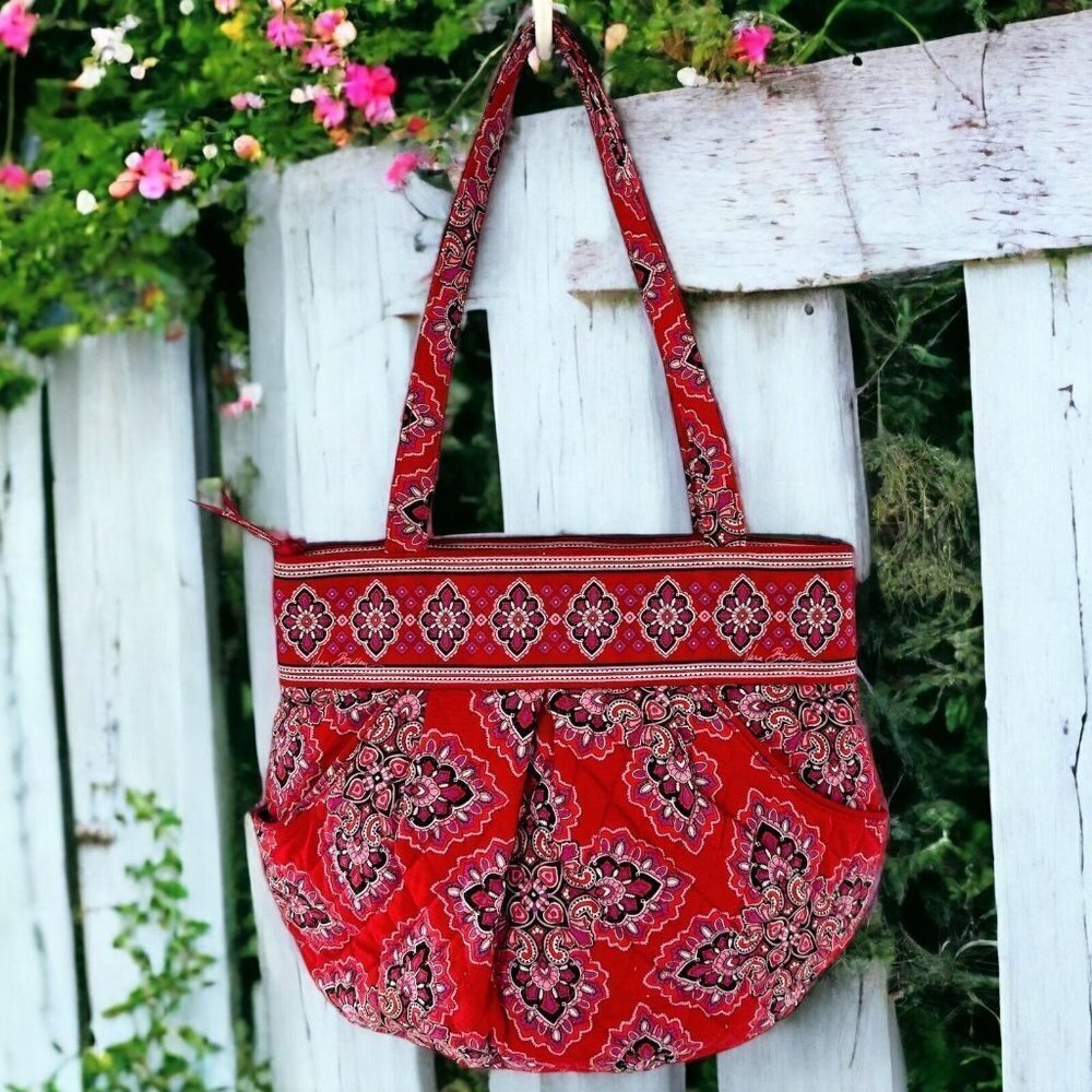 Vera Bradley Red and Pink Paisley Print Quilted Shoulder Bag
